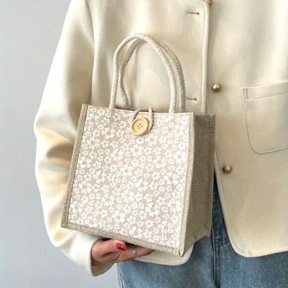 Japanese Floral Tote Bag - Lightweight Button Closure Handbag Boho Style - Picture 5 of 5